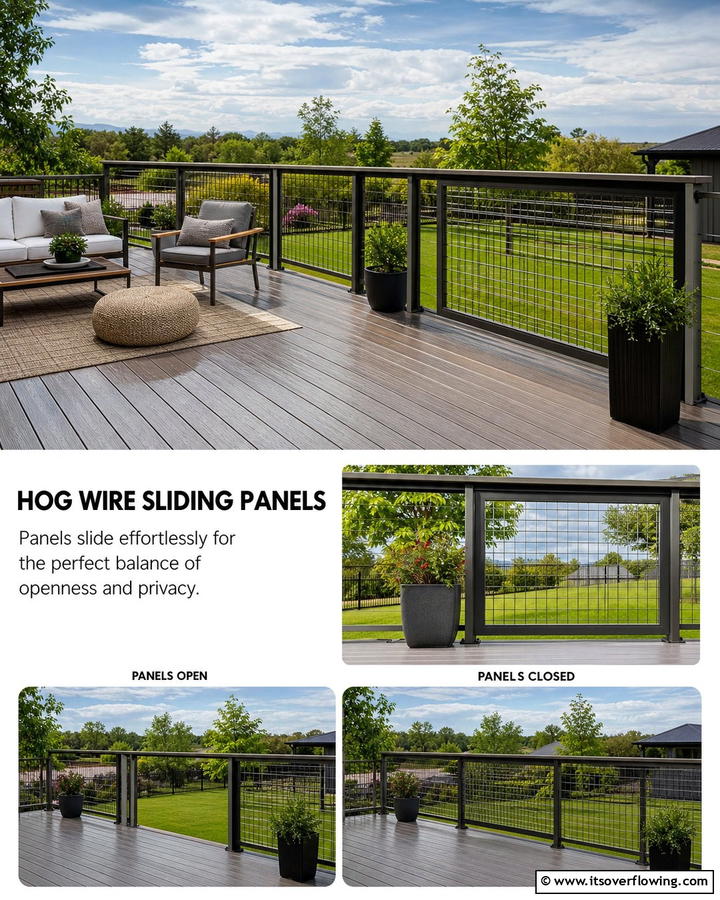 Hog Wire Railing with Sliding Panels - 20 Hog Wire Deck Railing Ideas for Rustic Charm