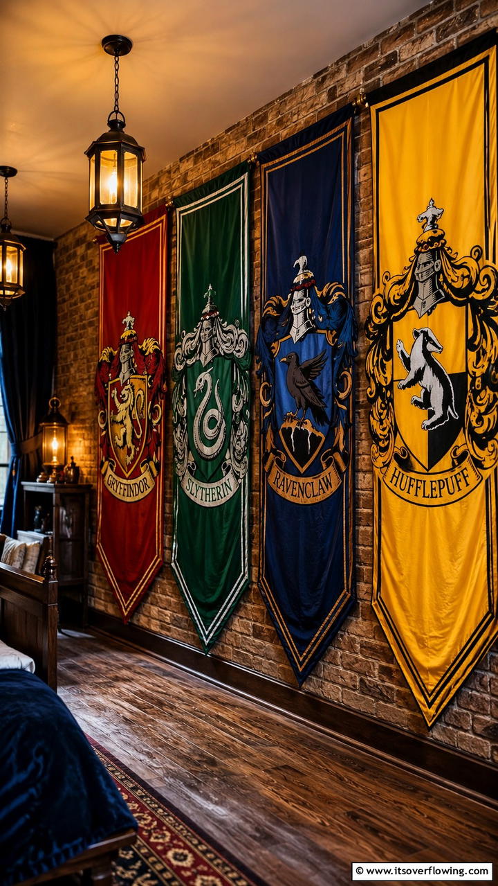 Hogwarts House Banners - 30 Harry Potter Decor Ideas- Magical Themed Room Designs