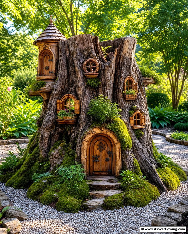 Hollow Tree Stump with Miniature Doors - 25 Tree Stump Fairy Garden Ideas for Enchanting Spaces