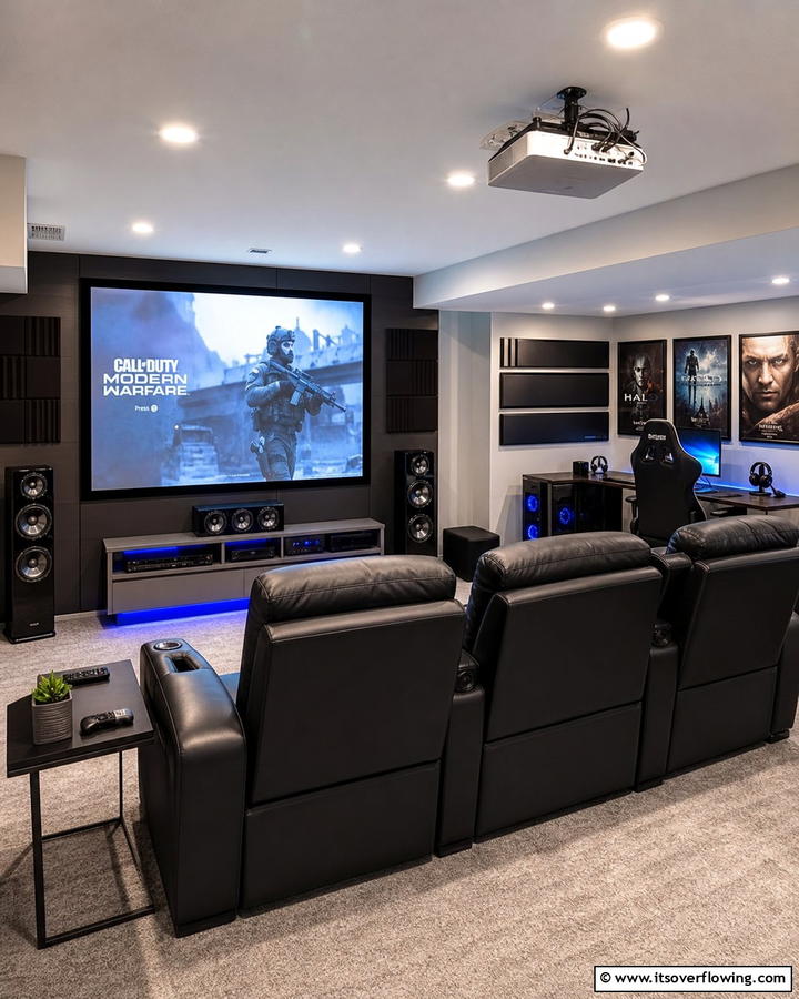 Home Theater Gaming Nook - 30 Fun Basement Game Room Ideas for Family Entertainment