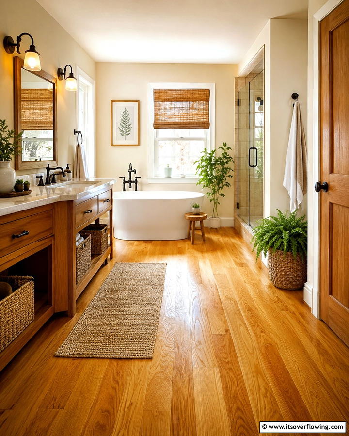 Honey Toned Wood for Warmth and Comfort - 30 Wood Floor Ideas for Bathrooms- Warmth Meets Function