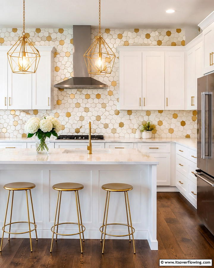 Honeycomb White and Gold Tiles - 25 White and Gold Kitchen Backsplash Ideas for Elegance