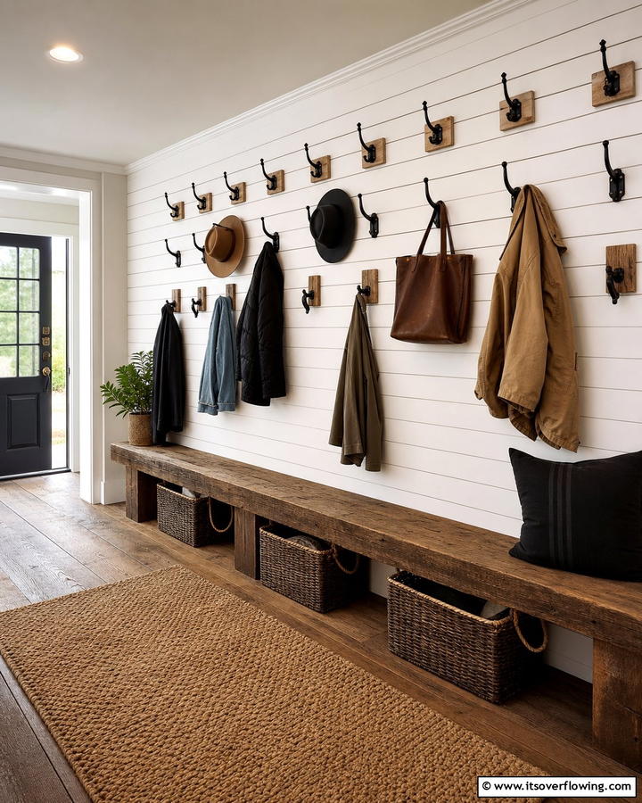 Hooks and Pegs for Easy Access - 20 Farmhouse Mudroom Ideas for a Rustic Entryway