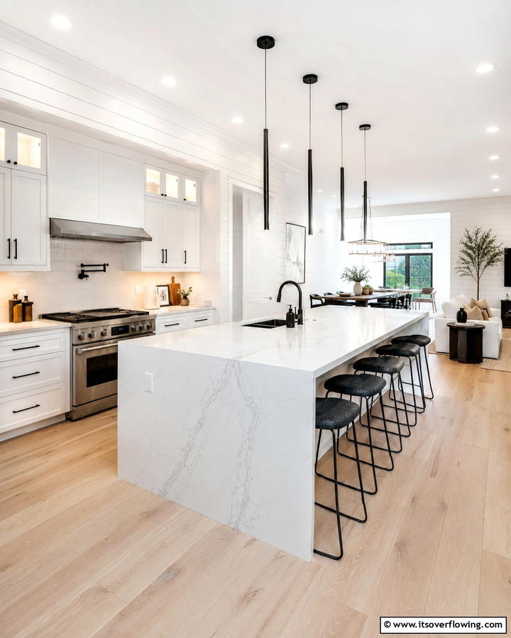 Horizontal Shiplap with a Waterfall Island - 20 Kitchen Shiplap Ideas with Kitchen Island Designs