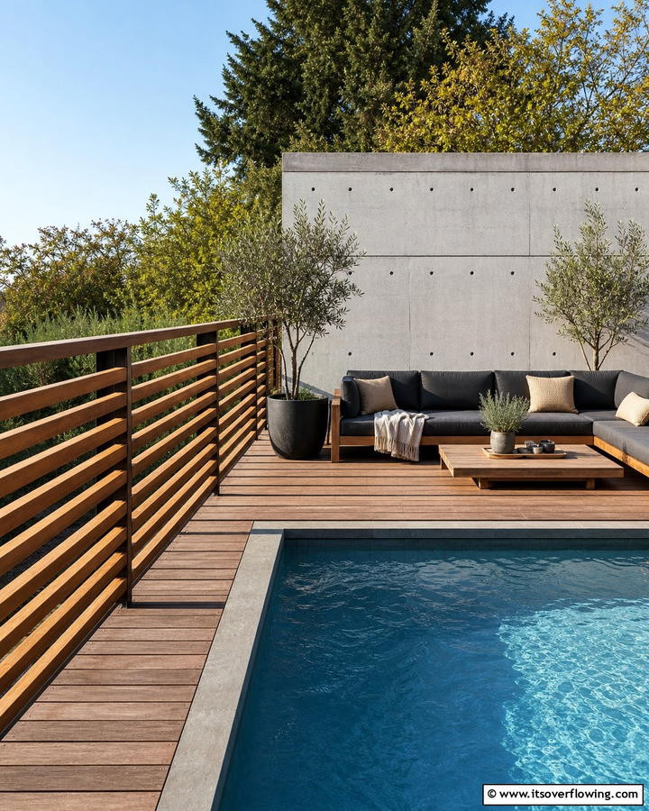 Horizontal Wood Slats for a Contemporary Design - 20 Pool Deck Railing Ideas for Safety and Style