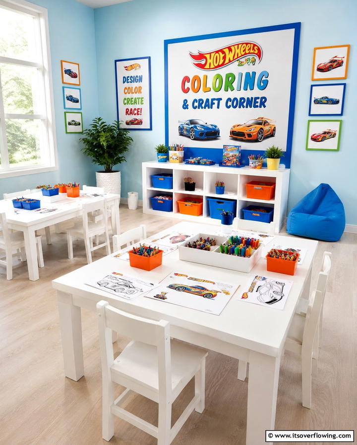 Hot Wheels Coloring and Craft Corner - 30 Hot Wheels Birthday Party Ideas- Race-Themed Decor & Activities
