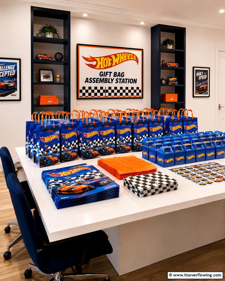 Hot Wheels Gift Bag Assembly - 30 Hot Wheels Birthday Party Ideas- Race-Themed Decor & Activities