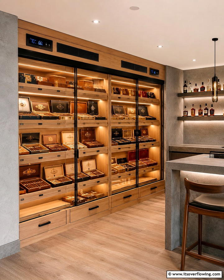 Humidor Display Wall for Practicality - 30 Sophisticated Cigar Room Designs for Luxurious Relaxation
