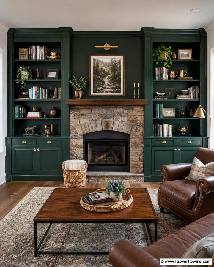 Hunter Green Built In Shelves - 25 Green Fireplace Ideas for a Cozy and Eco-Friendly Home