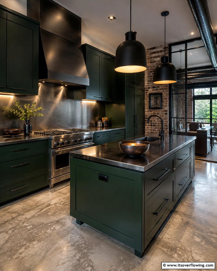 Hunter Green Cabinets with Black Stainless Steel Counters - 30 Green Kitchen Cabinets & Black Countertops Pairing Ideas