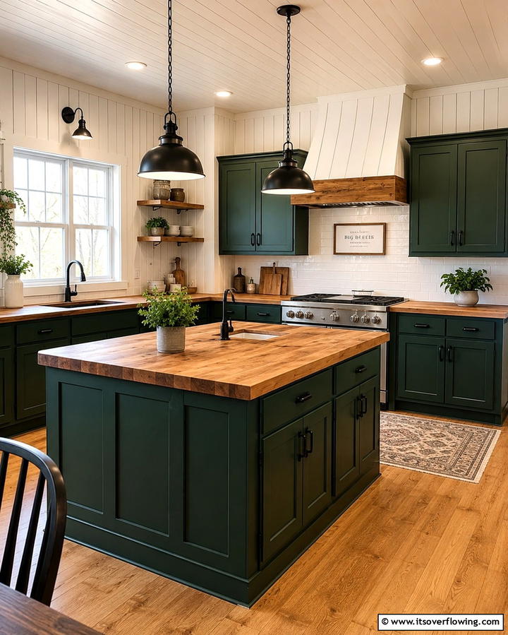 Hunter Green Cabinets with Butcher Block Countertops - 25 Warm Green and Brown Kitchen Design Ideas