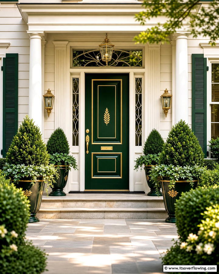 Hunter Green Door with Gold Leaf Detailing - 20 Stunning Dark Green Front Door Ideas for Curb Appeal