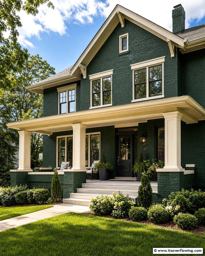Hunter Green with Cream Details - 30 Green Brick Exterior Home Design Ideas for Modern Houses