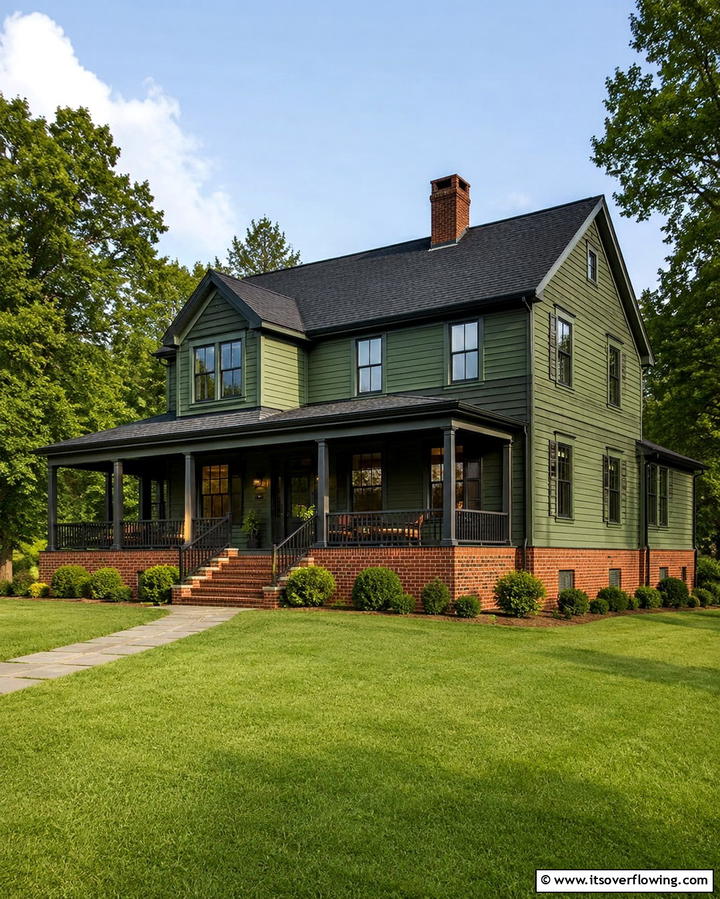 Hunter Green with White Brick Chimney - 25 Farmhouse Green Exterior Home Ideas for a Fresh Look