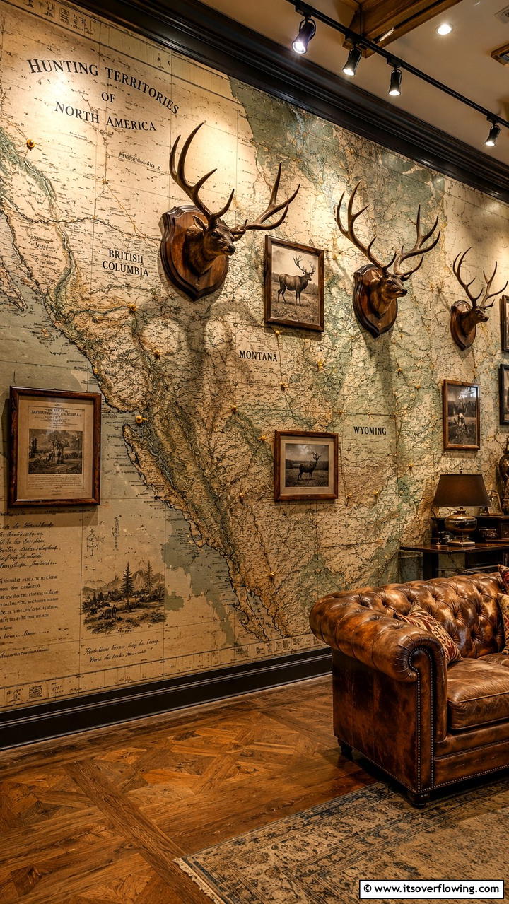 Hunting Map Murals - 30 Hunting Trophy Room Ideas for Rustic Decor