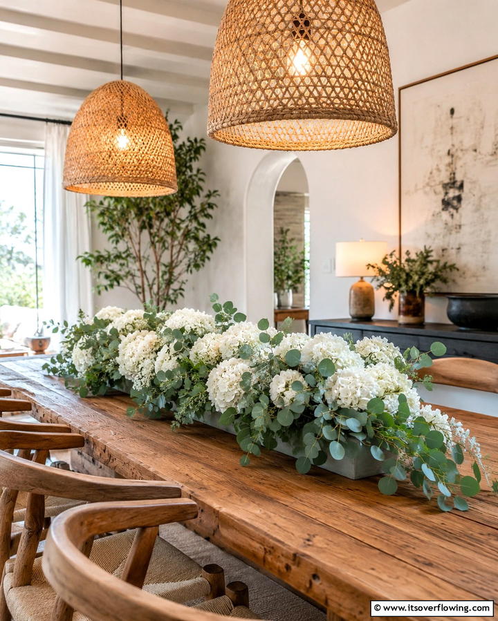 Hydrangeas Paired with Eucalyptus - 25 Hydrangea Centerpiece Ideas for Elegance