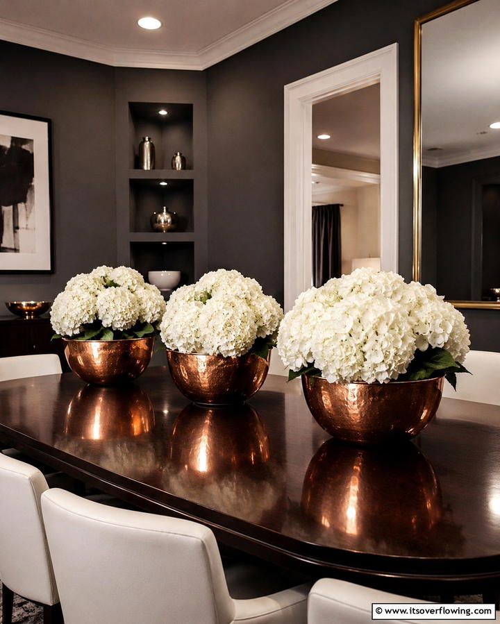 Hydrangeas in Metallic Containers - 25 Hydrangea Centerpiece Ideas for Elegance