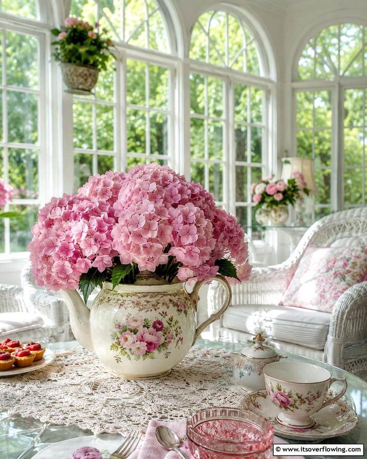 Hydrangeas in Vintage Teapots - 25 Hydrangea Centerpiece Ideas for Elegance