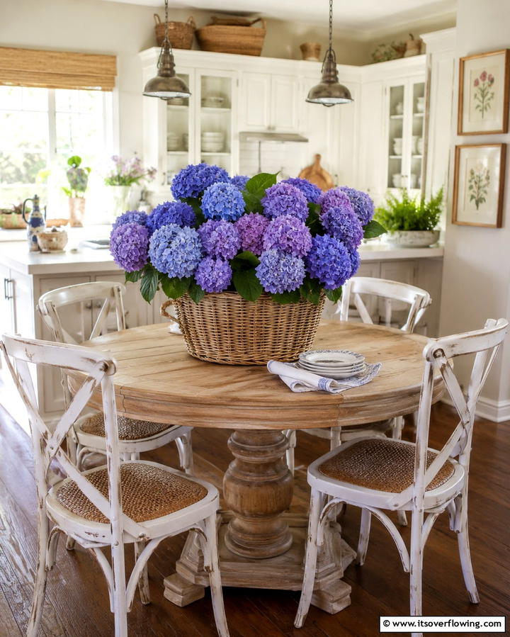 Hydrangeas in Wicker Baskets - 25 Hydrangea Centerpiece Ideas for Elegance