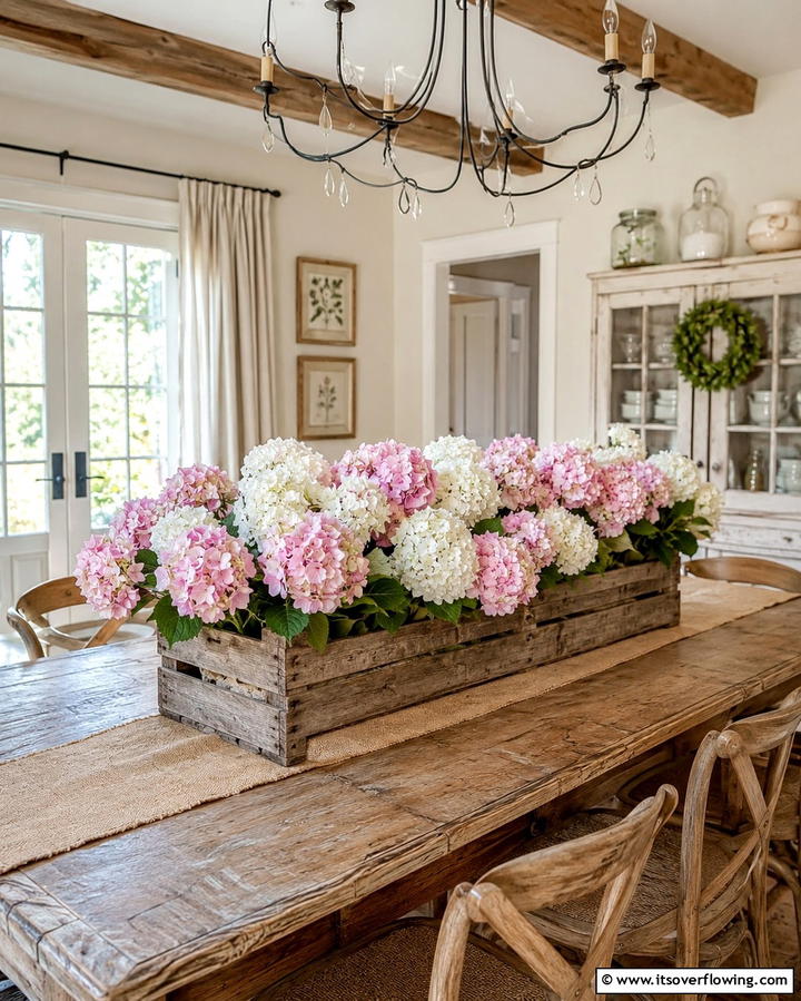 Hydrangeas in Wooden Crates - 25 Hydrangea Centerpiece Ideas for Elegance