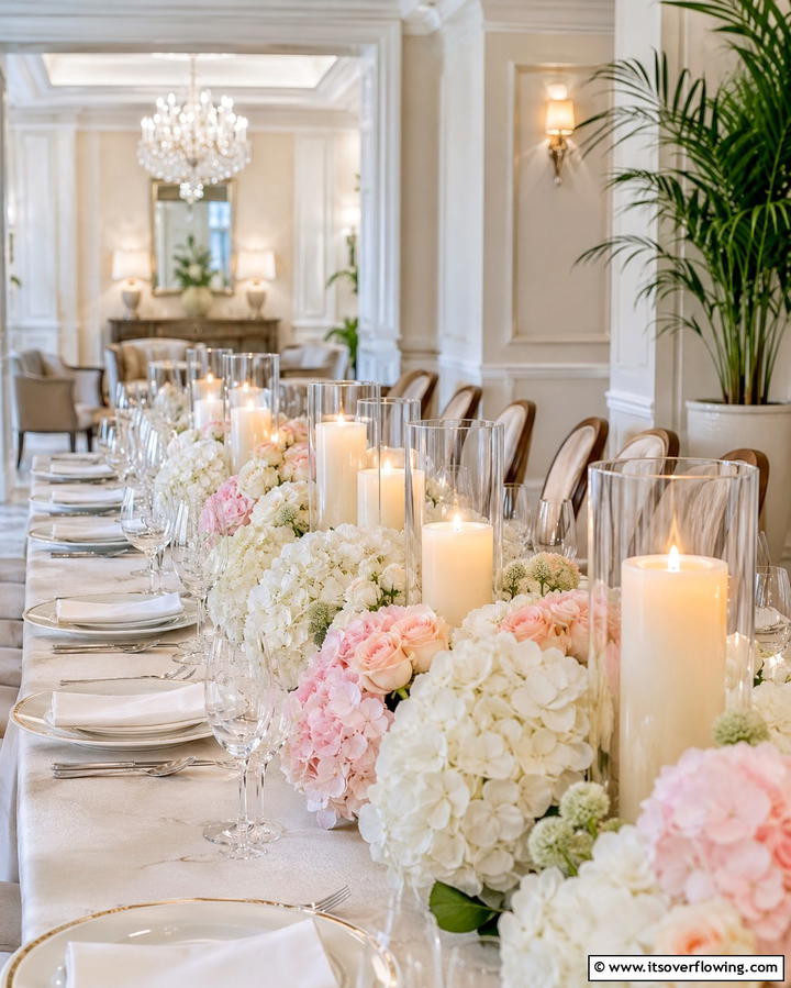 Hydrangeas with Candles for Romantic Glow - 25 Hydrangea Centerpiece Ideas for Elegance