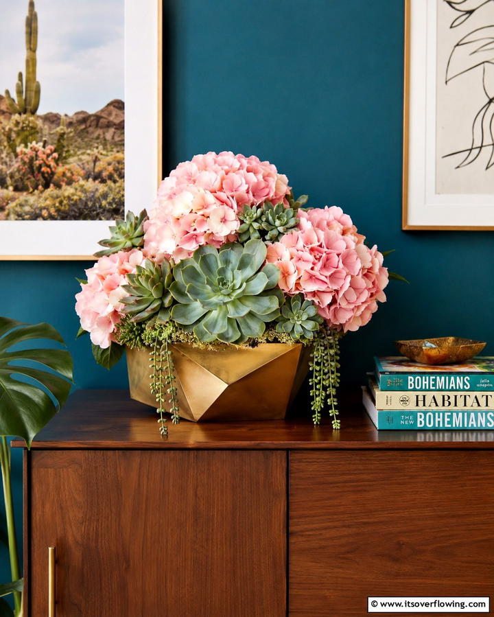 Hydrangeas with Succulents - 25 Hydrangea Centerpiece Ideas for Elegance