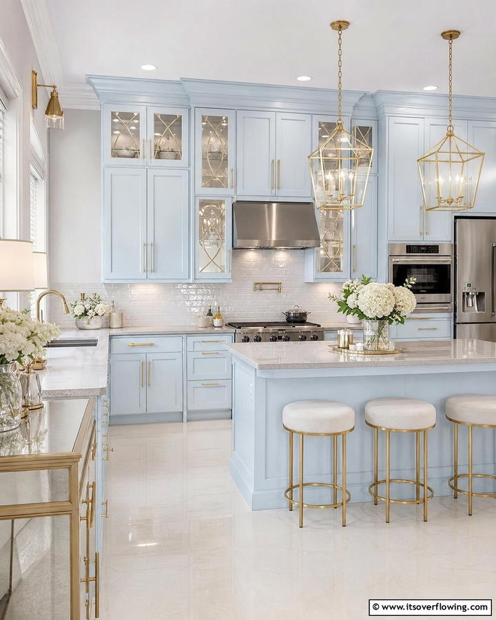 Ice Blue Cabinets with Champagne Gold Handles - 25 Blue Kitchen Cabinets With Gold Hardware for a Luxe Look
