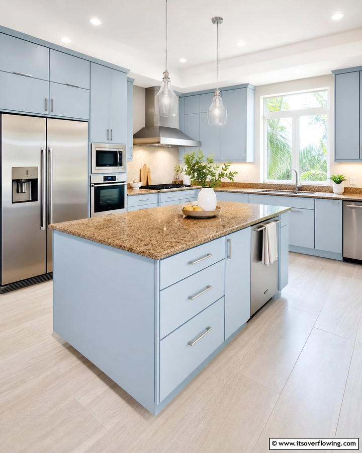 Ice Blue Cabinets with Tawny Brown Granite - 20 Blue Kitchen Cabinets With Brown Granite Countertops