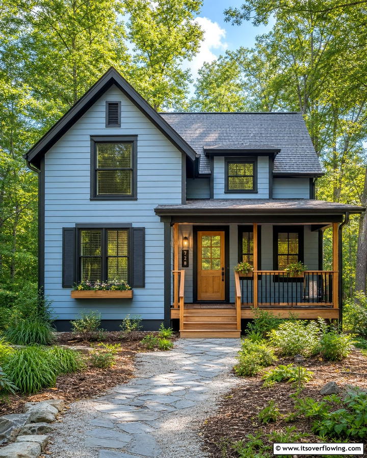 Ice Blue with Black Trim and Natural Wood Accents - 25 Blue House With Black Trim Ideas for a Striking Exterior