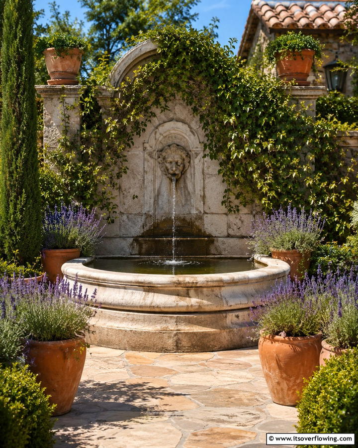 Idyllic Garden Fountain Feature - 30 Mediterranean Garden Ideas to Create a Coastal Oasis