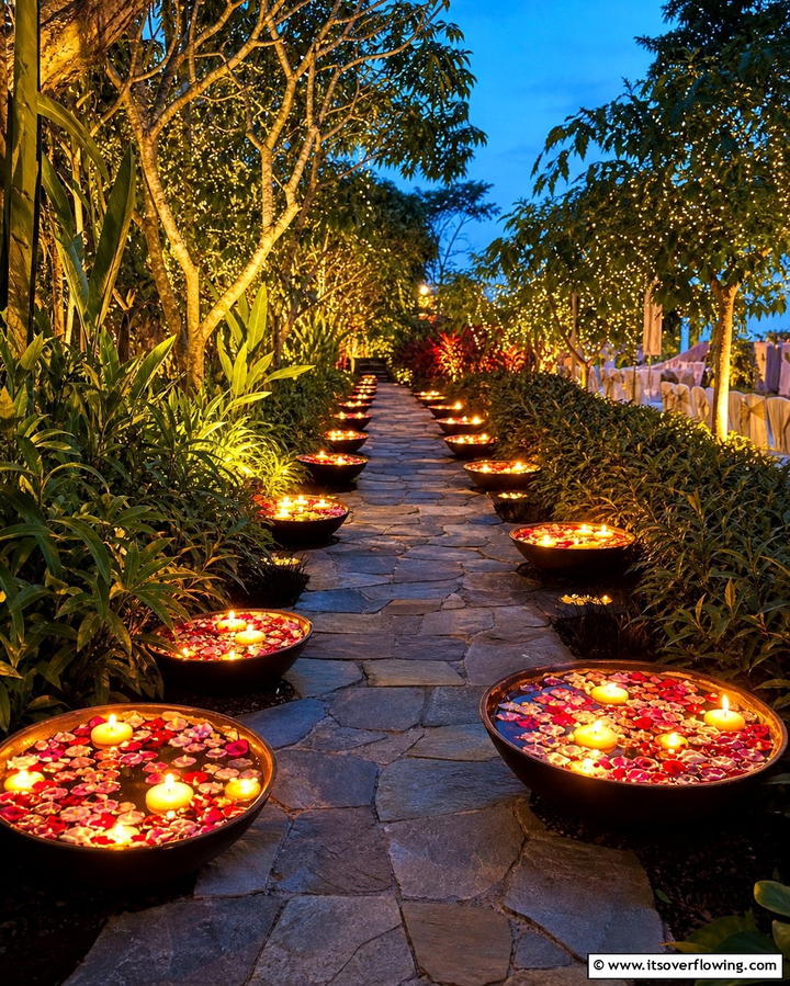 Illuminate Pathways with Floating Candle Bowls - 25 Decorating With Candles Ideas for a Warm and Inviting Home