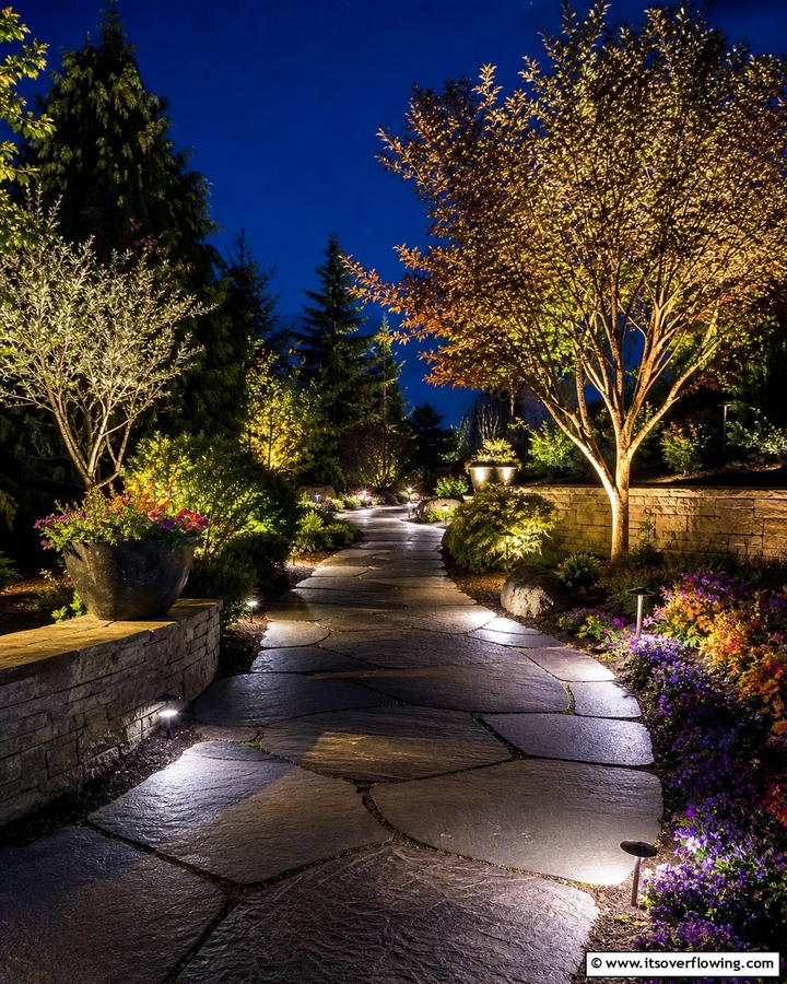 Illuminated Garden Flagstone Trail - 30 Flagstone Walkway Ideas for Charming Pathways