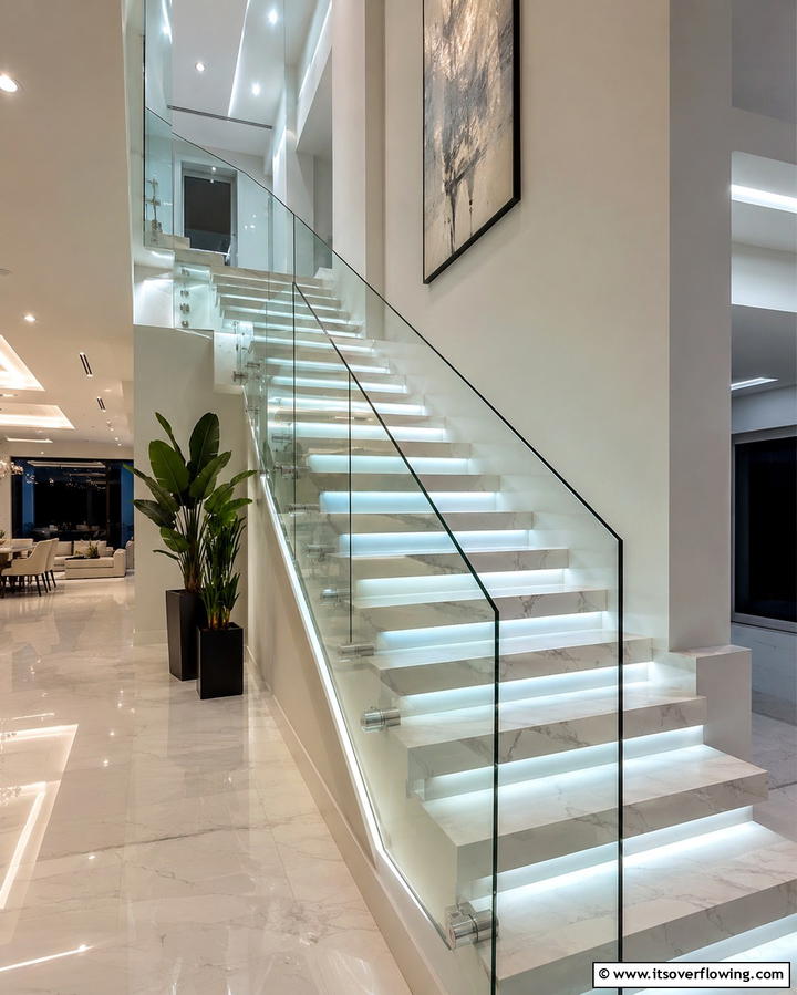 Illuminated Glass Rail Staircase - 30 Modern Staircase Ideas- Sleek & Architectural Designs