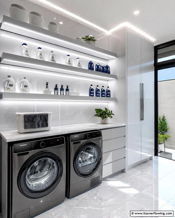 Illuminated LED Laundry Shelves - 30 Laundry Room Shelf Ideas- Maximize Storage & Efficiency