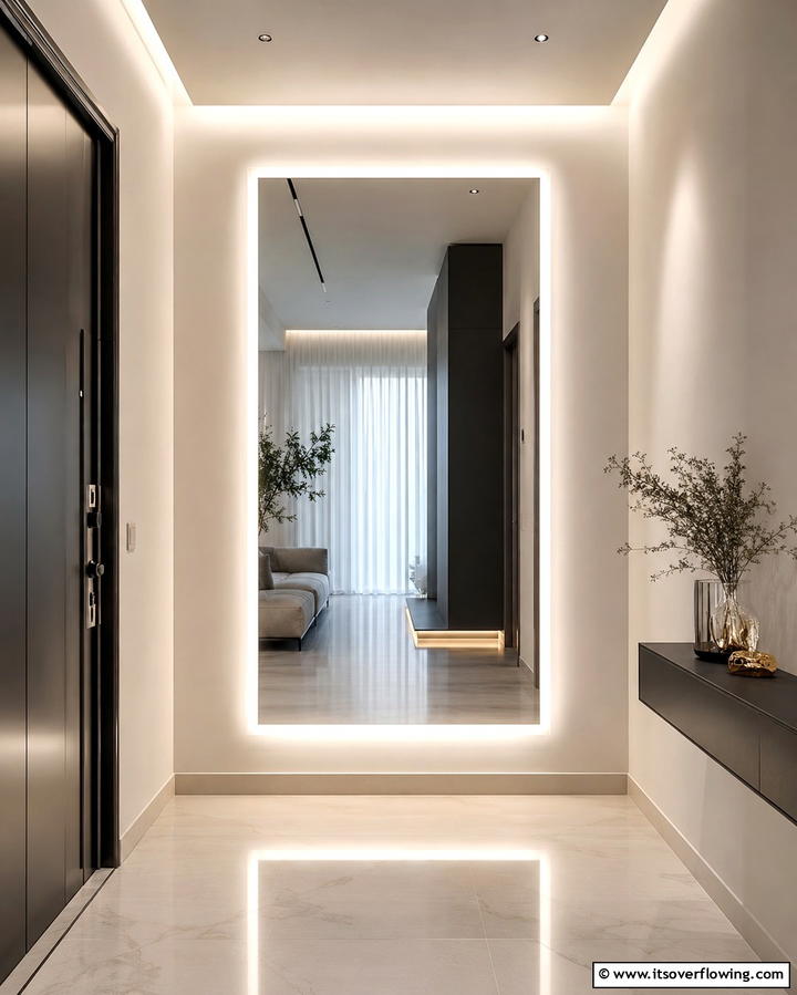 Illuminated LED Mirror - 30 Statement Entryway Mirror Ideas to Brighten Narrow Spaces