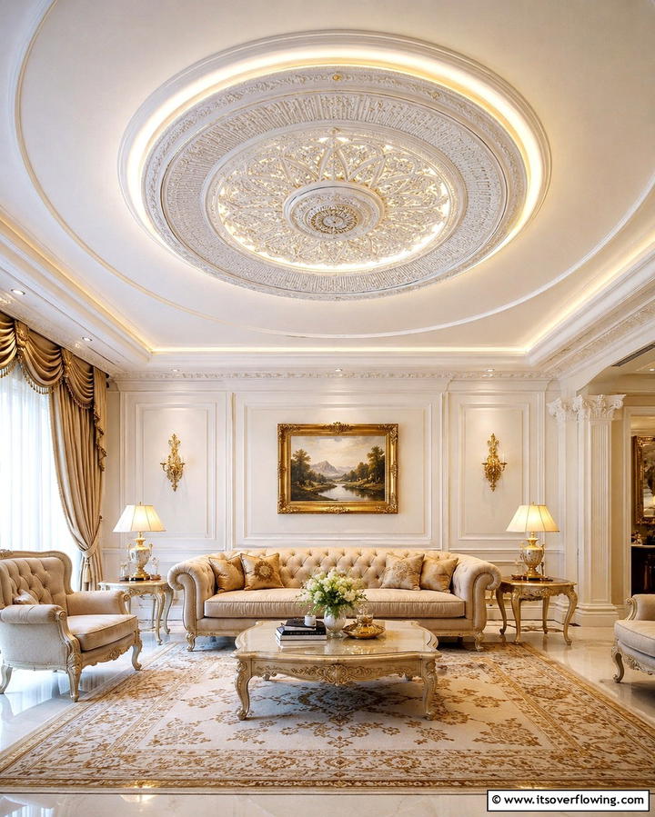 Illuminated Medallion Elegance - 30 Living Room Ceiling Lighting Ideas- Elevate Your Space
