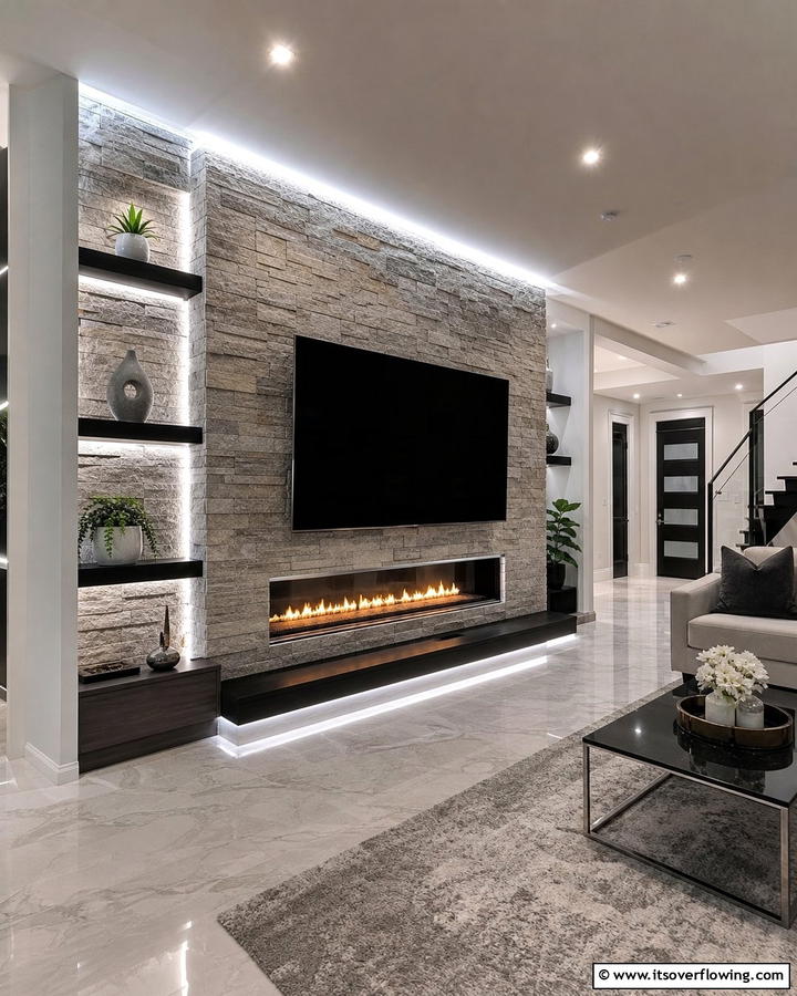 Illuminated Modern Feature - 21 Rustic Stone Fireplace Designs for Cozy Living Rooms