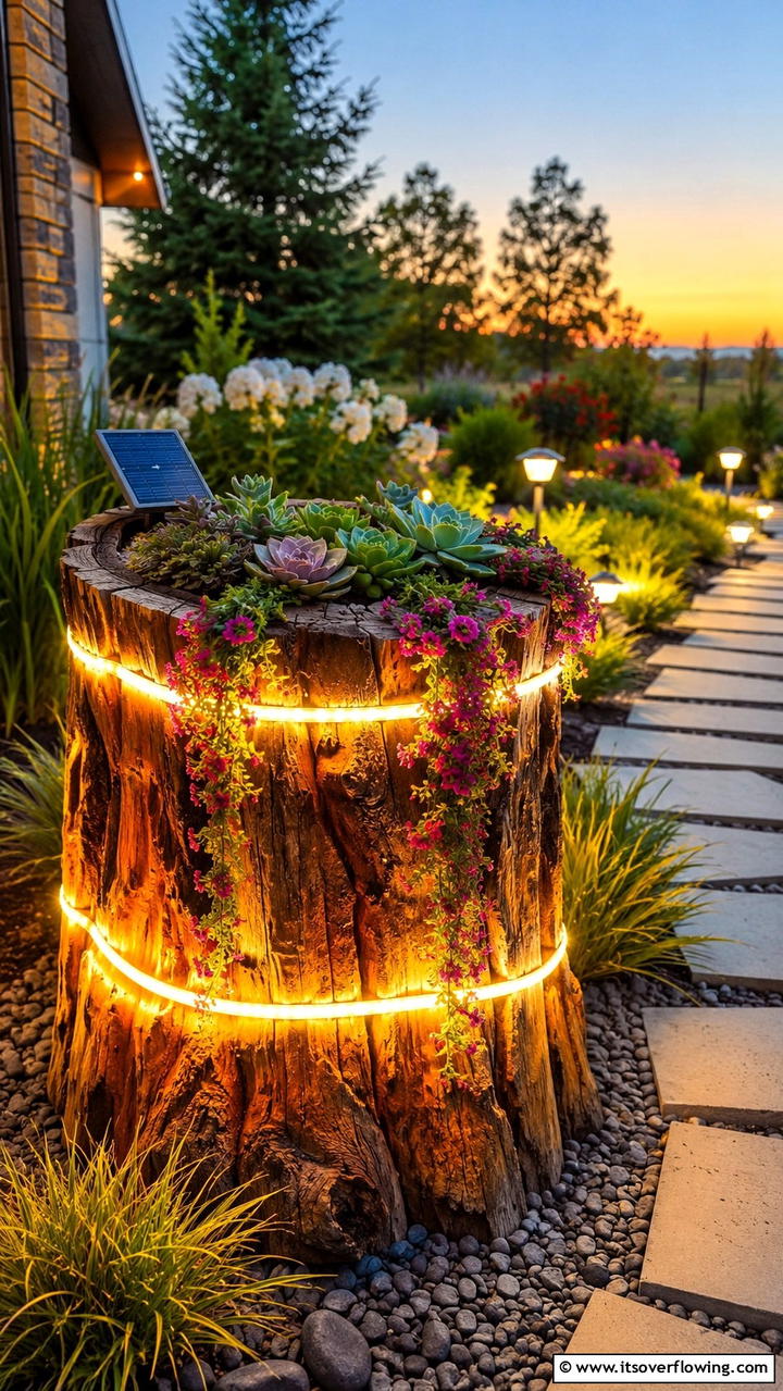 Illuminated Planter Spotlight - 21 Creative Tree Stump Decorating Ideas for Rustic Accents