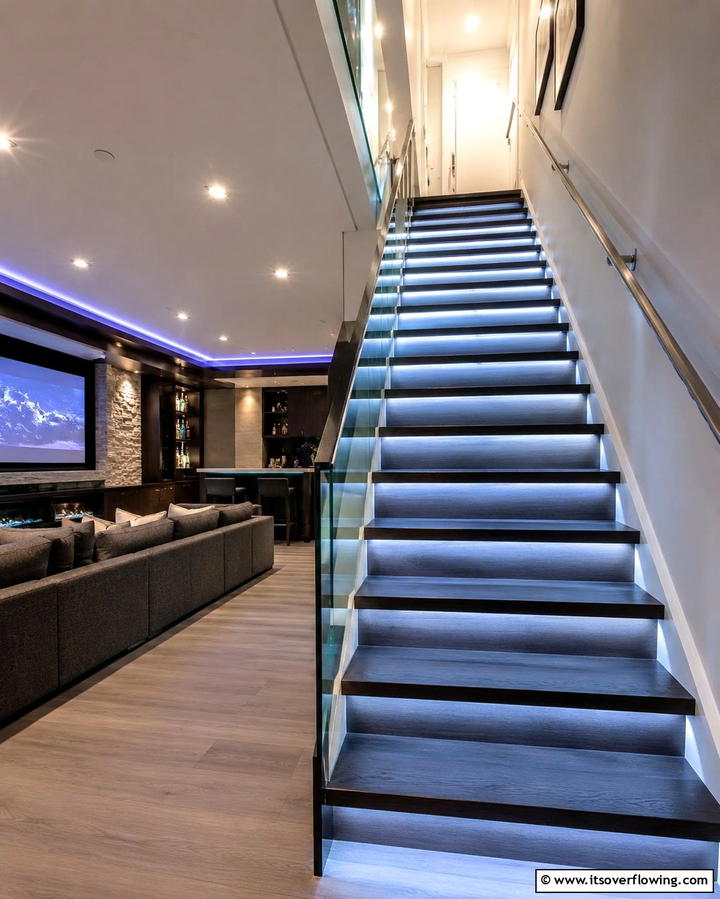 Illuminated Staircase Steps - 25 Basement Stair Ideas to Transform Your Space