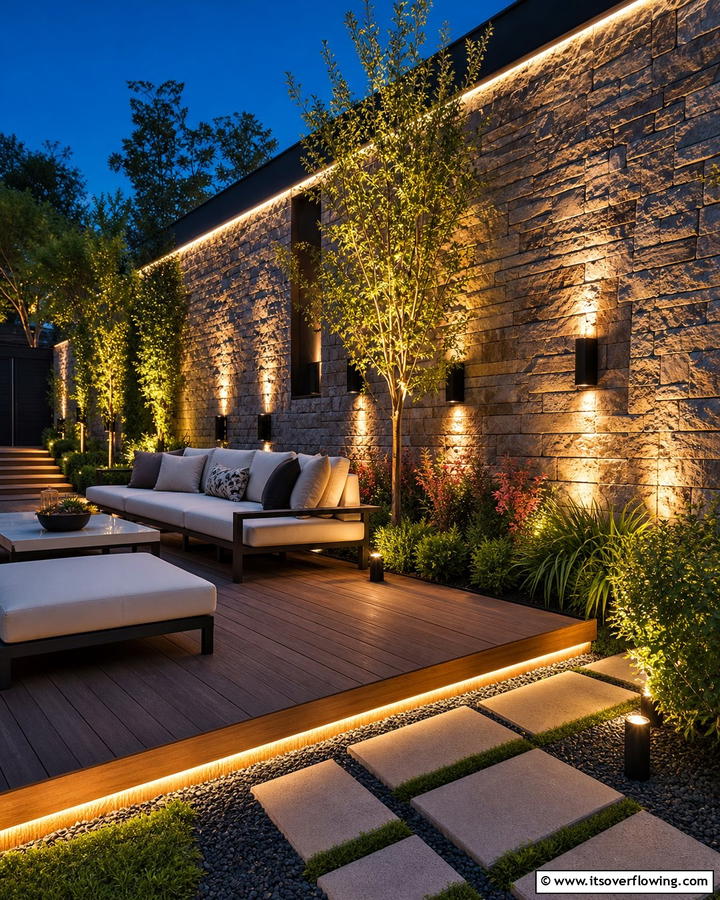 Illuminated Stone Feature Wall - 30 Natural Stone Wall Ideas for Rustic Outdoor Landscapes