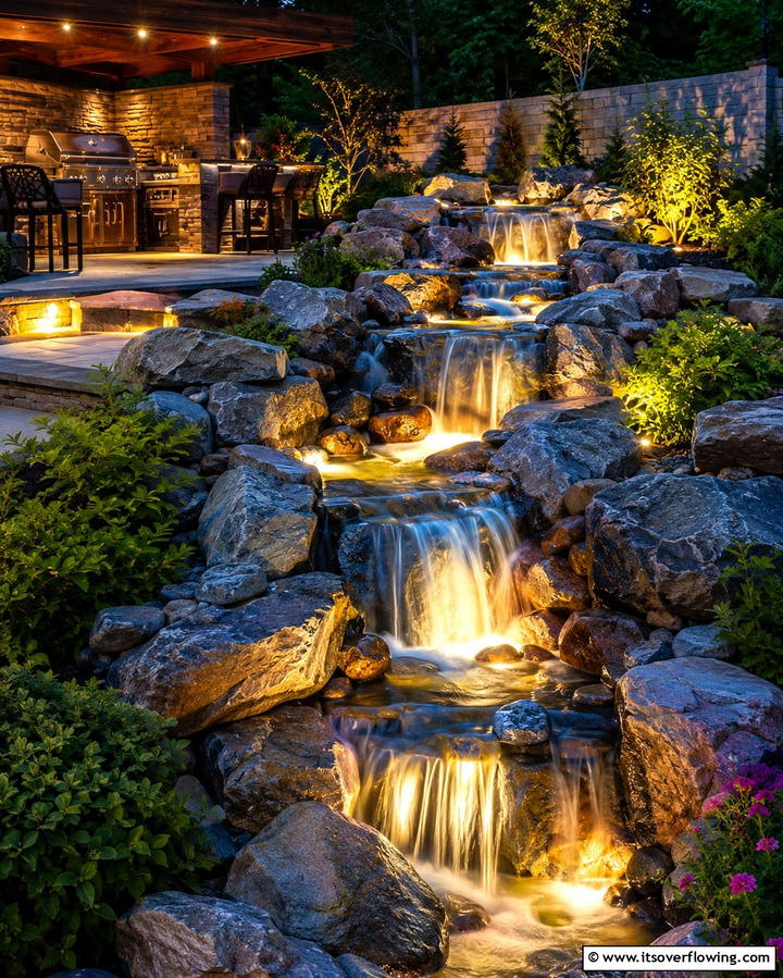 Illuminated Waterfall - 25 Pondless Waterfall Design Ideas for a Serene Backyard