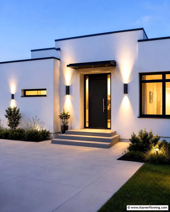 Illuminating Contrast Black Light Fixtures on White Walls - 30 Single-Story White House Black Trim Exterior Inspirations