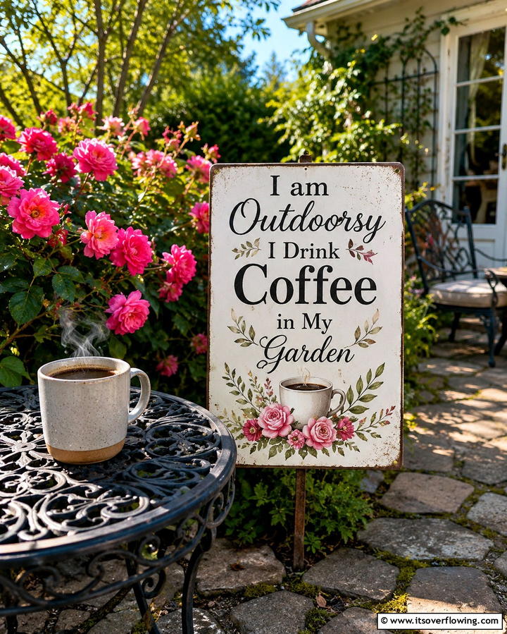 Im Outdoorsy I Drink Coffee in My Garden - 25 Funny Garden Sign Ideas to Add Humor to Your Yard