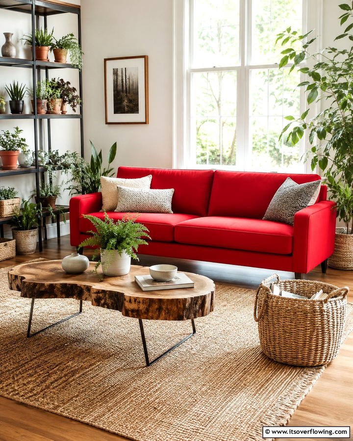 Include Natural Elements - 25 Red Couch Living Room Ideas to Make a Statement