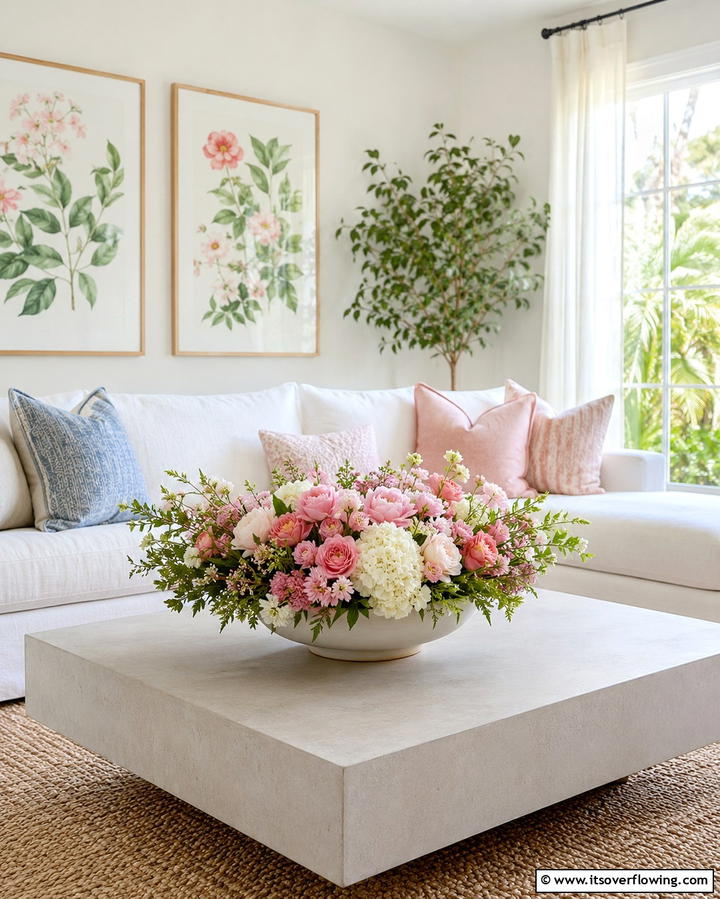 Include a Low Floral Arrangement - 25 Coffee Table Decor Ideas for Stylish Living Rooms