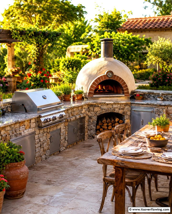 Including a Built In Pizza Oven - 20 Functional L-Shaped Outdoor Kitchen Ideas for Entertaining