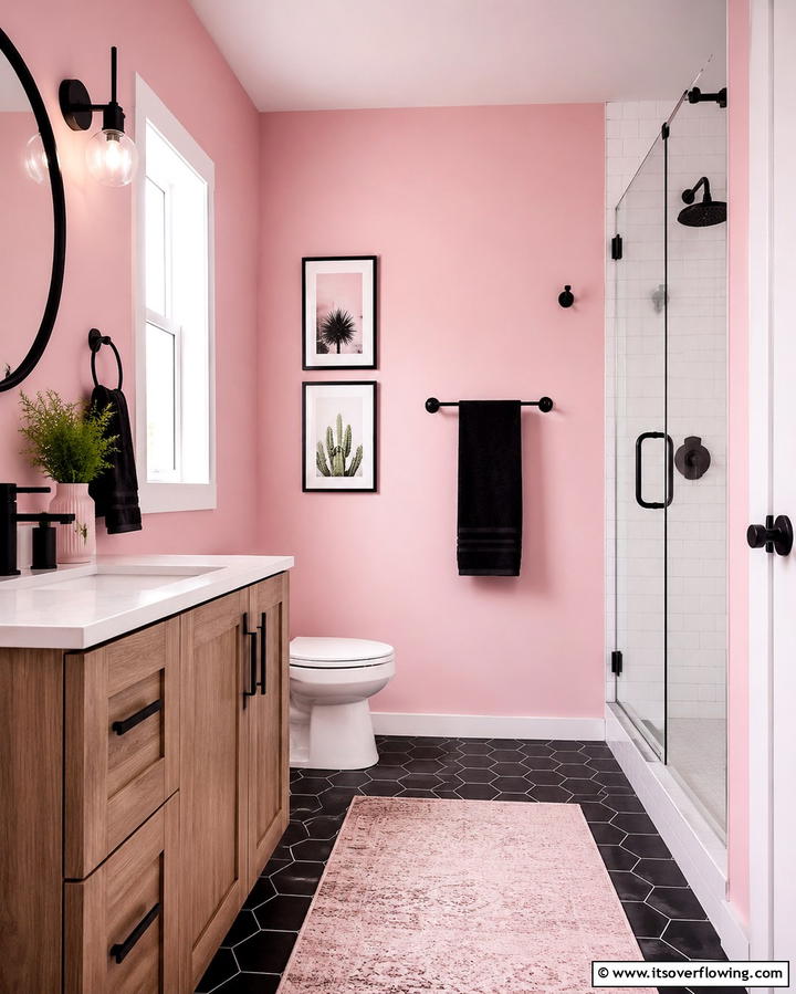 Incorporate Black Fixtures with Pink Walls - 25 Pink and Black Bathroom Ideas for a Bold and Chic Look