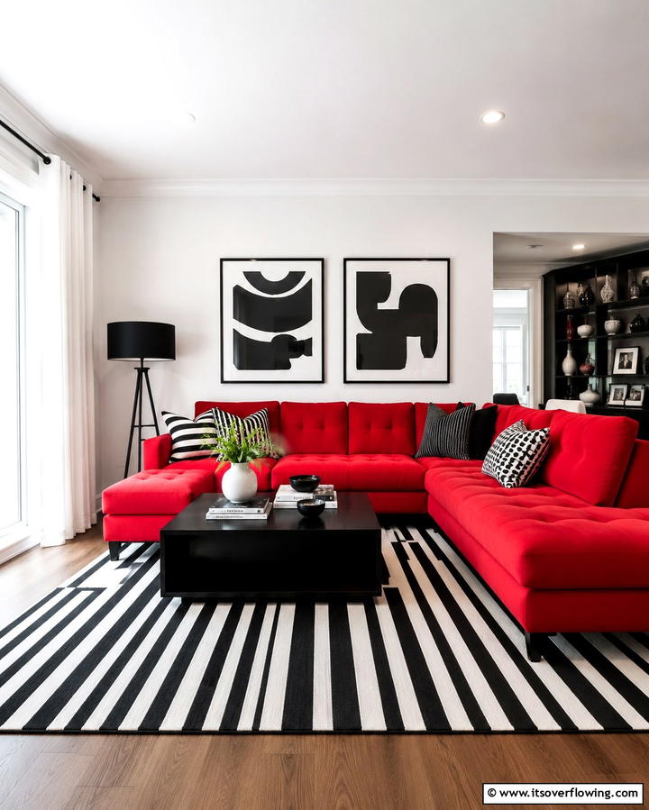 Incorporate Black and White Decor - 25 Red Couch Living Room Ideas to Make a Statement