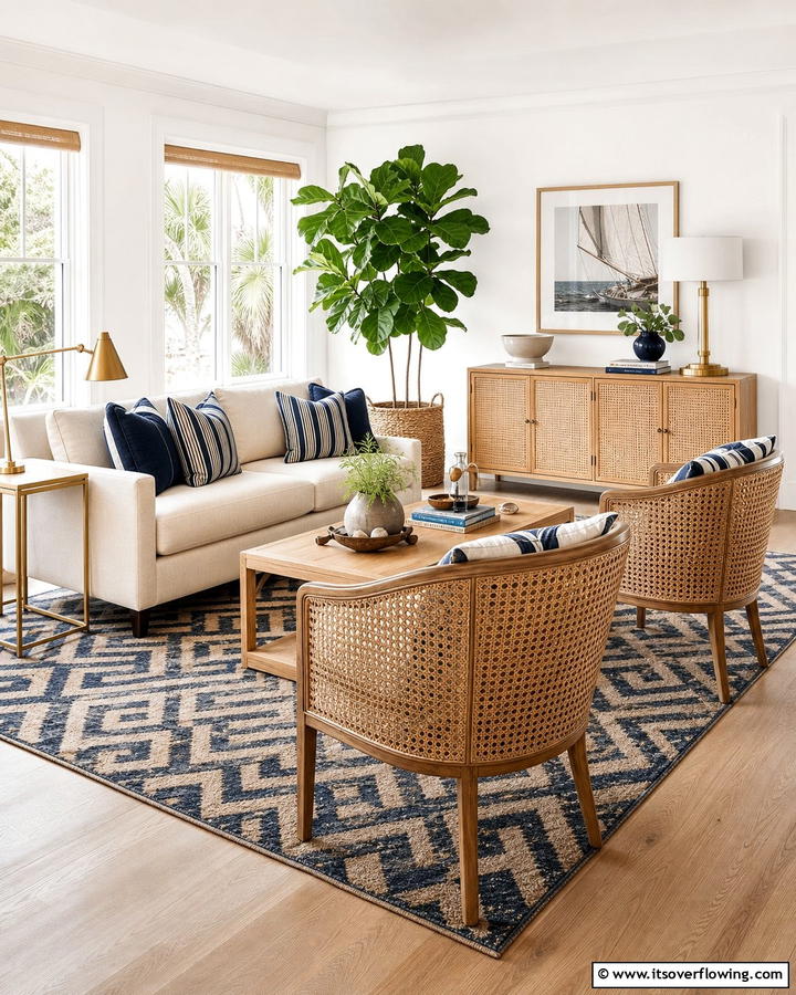 Incorporate Cane Furniture - 20 Preppy Living Room Ideas for a Chic Space