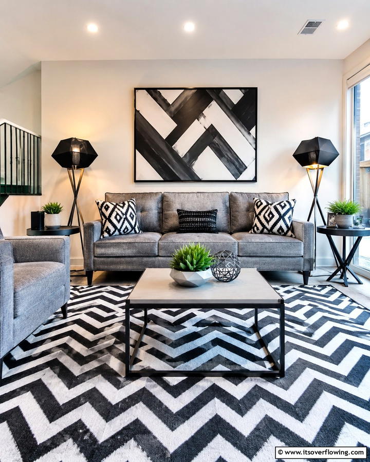 Incorporate Geometric Patterns - 30 Grey Couch Living Room Styling Ideas for Cozy Spaces